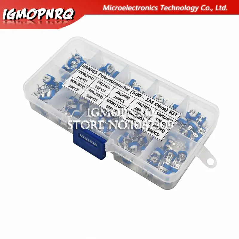 

100PCS/Box RM065 Potentiometer Adjustable Resistor Kit 500 - 1M Ohm Multiturn Trimmer Potentiometer Set Variable Resistors Kit