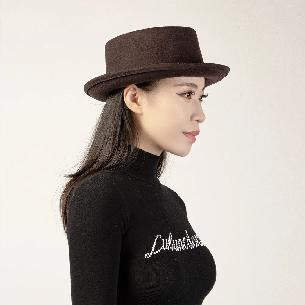 British Casual Fashion Pork Pie Style Short Brim Wool Hat Outdoor Warm Felt Hat