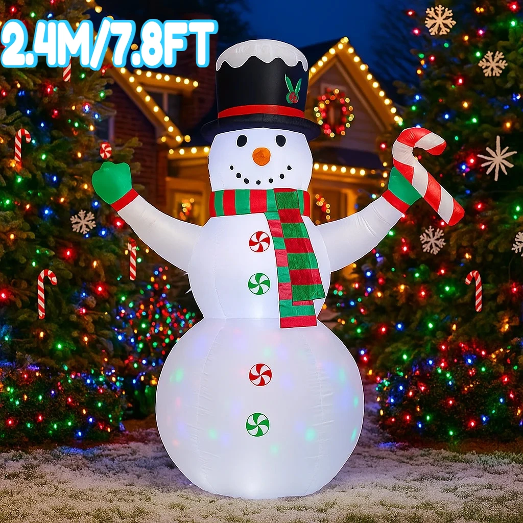 Muñeco de nieve inflable de Navidad de 2,4 M/7,8 pies con bastón de caramelo, luces LED, decoraciones para el hogar, juguetes, adornos navideños para patio, suministros de decoración