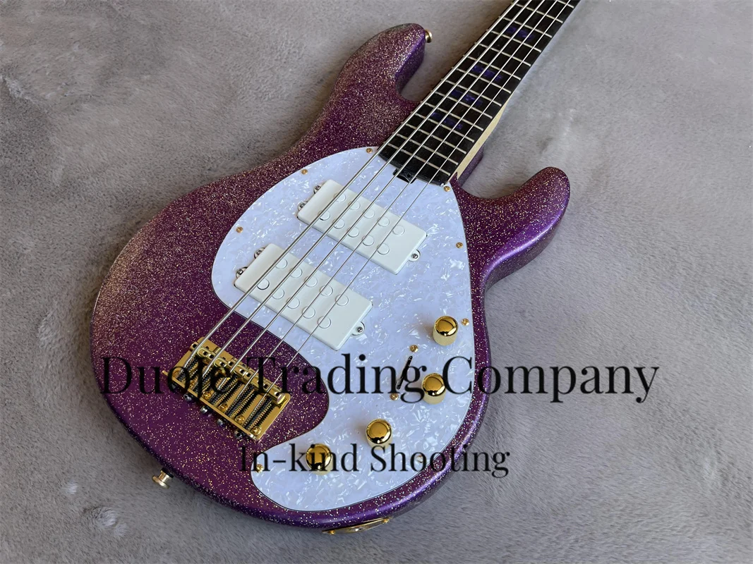 Purple Electric bass Glitter Particle body 5-string bass Rosewood fingerboard Purple square inlaid  white pearl pickup Active