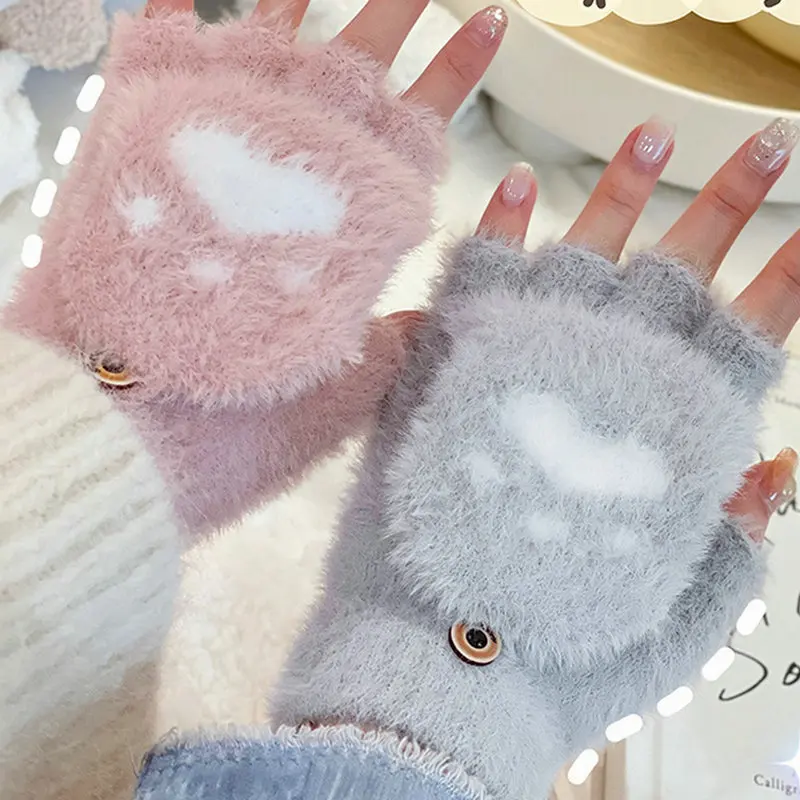 

Mink gloves Cute Cat Claw Winter Warm Touchscreen Gloves Women Men Fluff Fingerless Flip Gloves Outdoor Knitted Mittens Glove