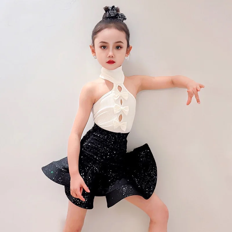 فساتين رقص لاتينية احترافية للأطفال للفتيات، تنورة رسن لامعة، ملابس رقص سامبا السالسا رومبا، فستان أداء للأطفال