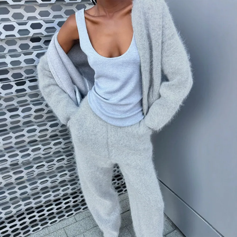 2026 Autumn New Imitation Mink Hooded Zipper Sweater Cardigan Double Pocket Trousers Wool Suit Unique and Fashionable Texture