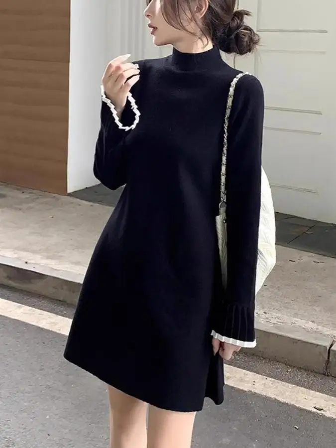 

Платье-свитер больших размеров в стиле Хепберн, осенне-зимнее, с высоким воротником, черное, трикотажное, А-силуэт, повседневное