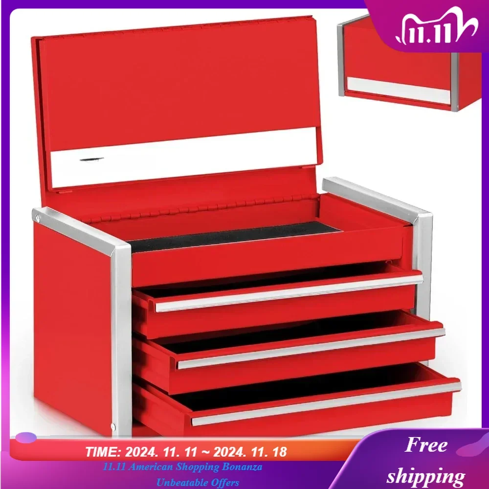 

Mini Red Tool Box, Portable 3 Drawer Steel Tool Box with Magnetic Tab Locking, Red Micro Top Chest with Liner for Tools Storage,