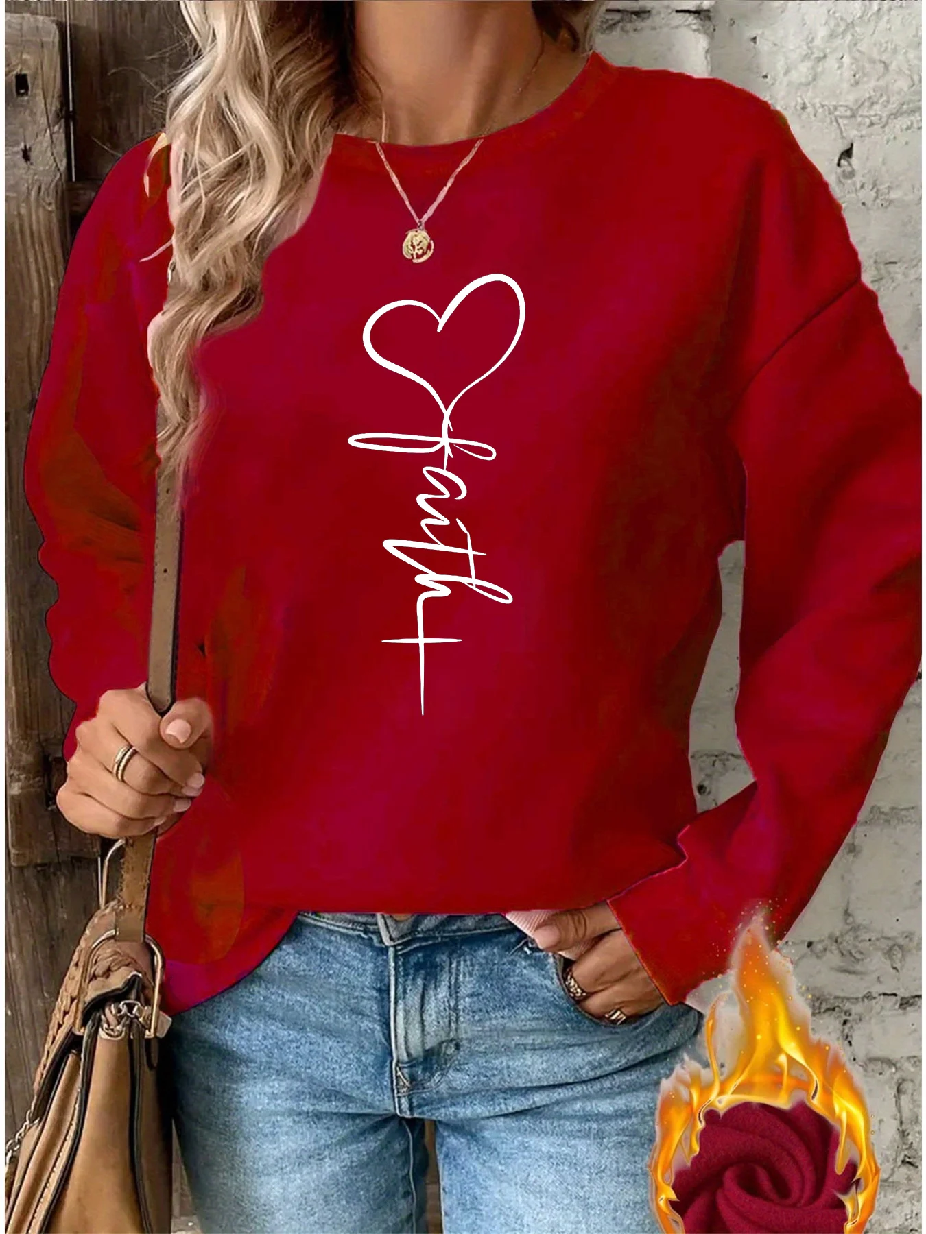 Women's autumn and winter casual loose and comfortable warm heart and cross pattern printed round neck long sleeved pullover