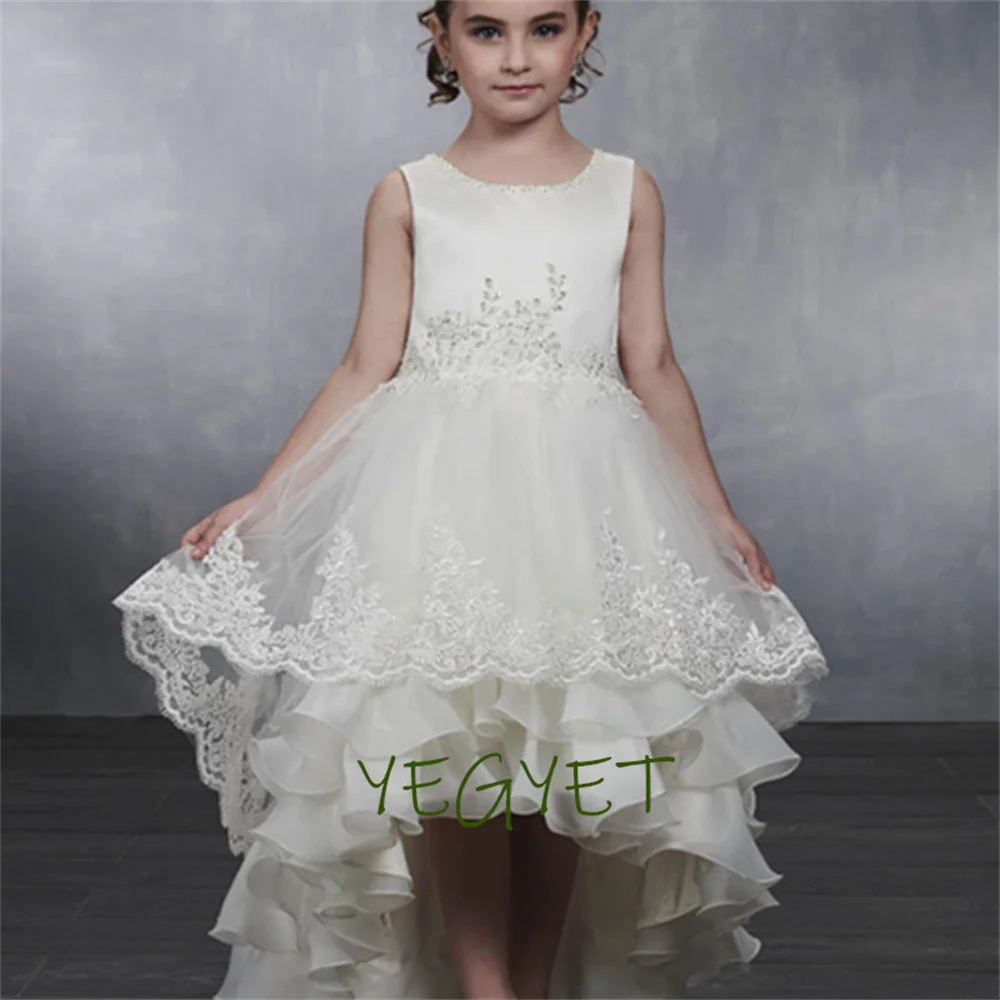 

Pretty Floor Length Puffy Tulle Princess Ball Gown Flower Girl Dresses For Wedding 3D Floral Appliqued Toddler Pageant Gowns