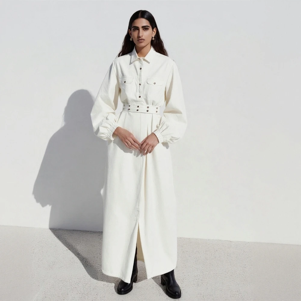 Women's Elegant Long Sleeve Shirt Collar Dress Basic Solid Color Fitted Waist Office Lady Dress