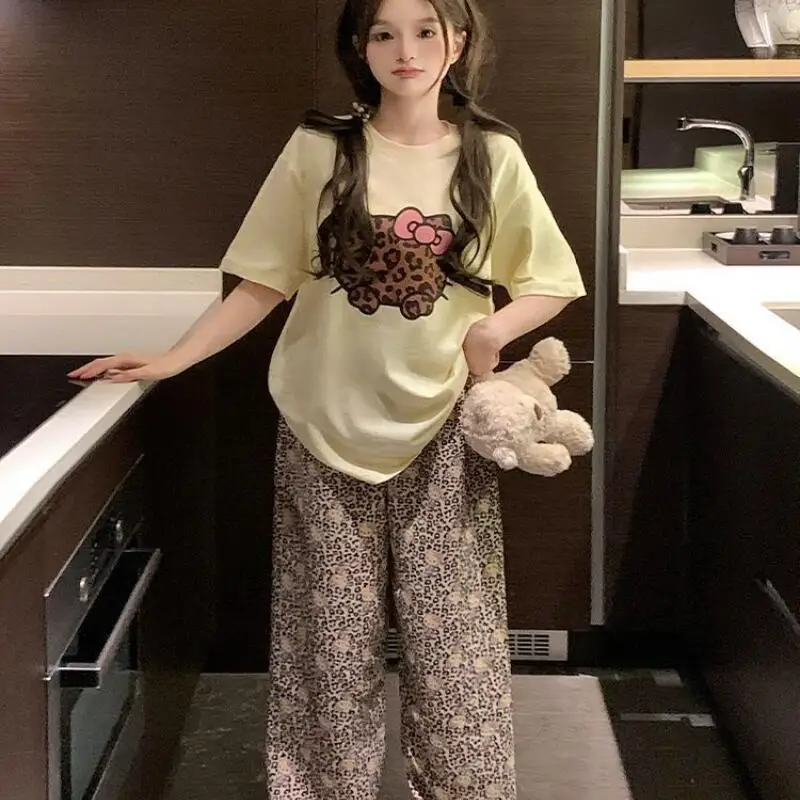 Short Sleeved T-Shirt Leopard Print Hello Kitty Women's Summer New Sanrio Fashionable Loose Medium Long Casual Pure Cotton Tops