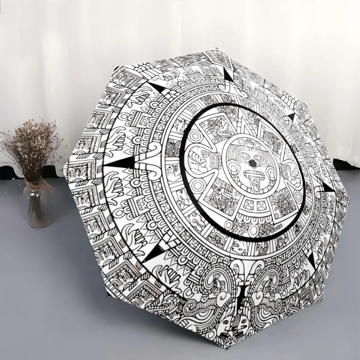 Ancient Aztec Calendar Pattern Black and White Design portable waterproof sun rain umbrella for outdoor travel beach