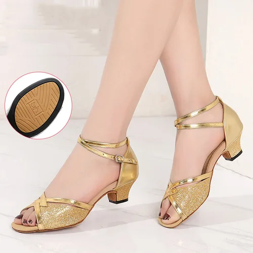 Imagen 2 del producto Zapatos de baile modernos con punta abierta y purpurina para mujer, sandalias de baile latino de salón, zapatos de baile de Salón Estándar para mujer
