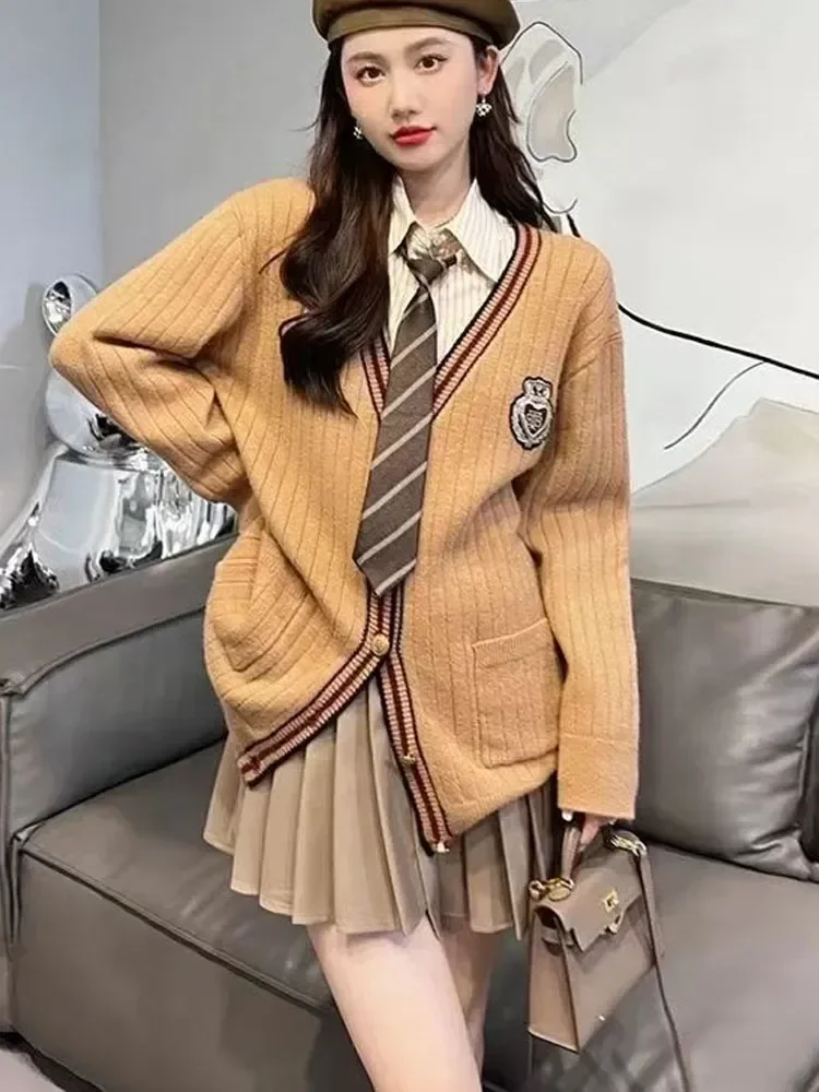 Women Korea School V-neck Girl Sleeve Cosplay Stripe Knitting Cardigan Winter Uniform Long Coat Sets Japan