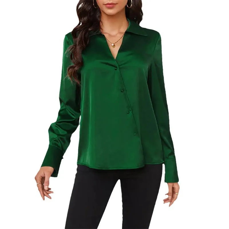 New Green Ladies Satin Shirt Cross V-neck Top Women\'s Shirt Sleeves Open Button Shirt Sleeves Elegant 2024 Autumn Women\'s Blouse