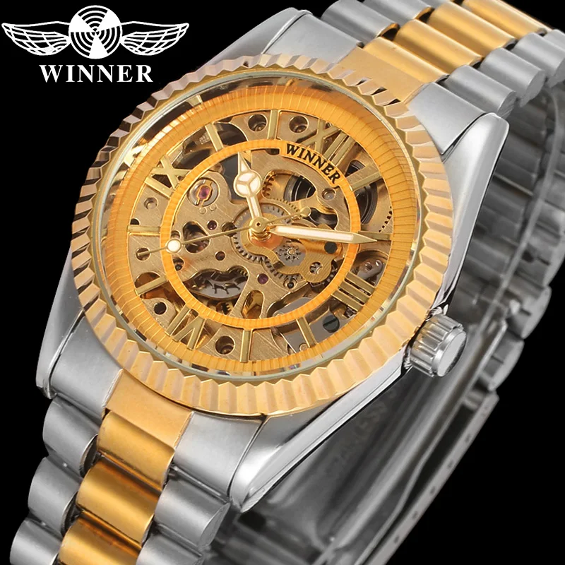 Fashion Winner Top Brand Automatic Mechanical Women Clock Luxury Golden Full Stainless Steel Business Wrist Watches