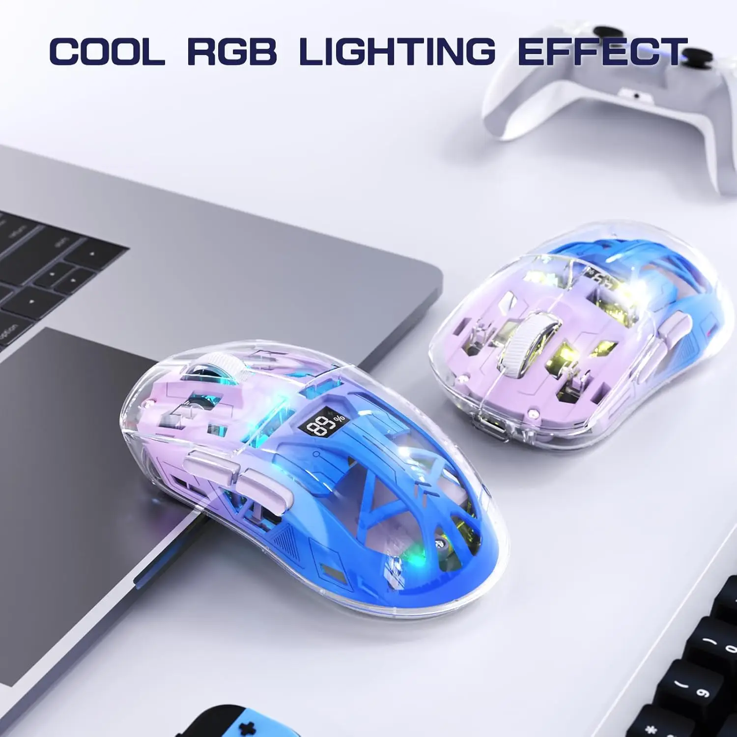 

FREEWOLF A2 Wireless Gaming Mouse, Dual Mode 2.4G/Bluetooth PC Gaming Mice, Ergonomic RGB Mouse with Battery Display Screen, Tra