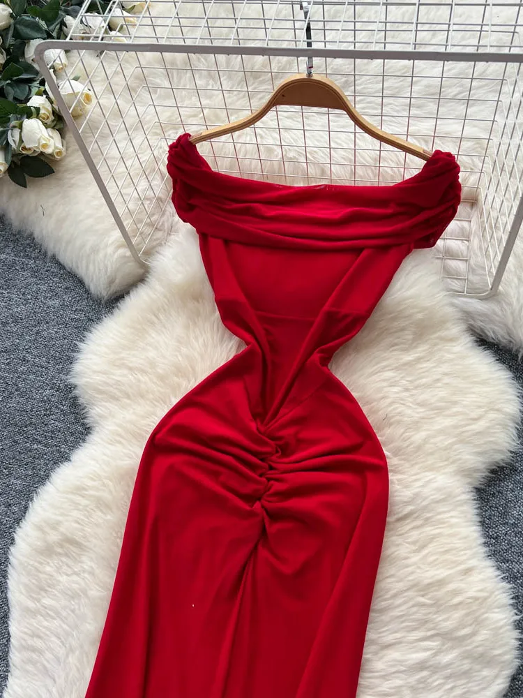 Ele Damen-Rock, lang, Dr, hohe Taille, A-Linie, Design, gefaltet, One-Shoulder, schmale Passform, figurbetont, hochwertig, koreanisches Sle