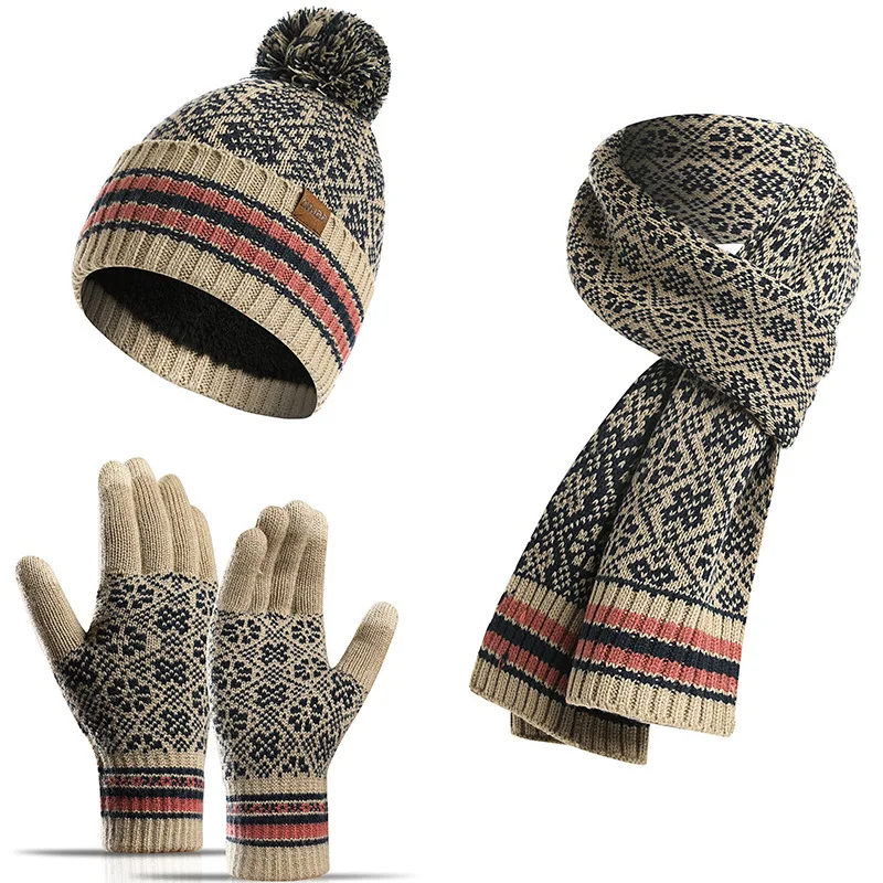 Hat Men And Women Winter Warm Fashion Suit Acrylic Knitted Wool Hat Scarf Gloves Three-Piece Suit