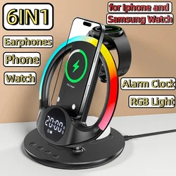 6IN1 Desktop Wireless Charger Station with Alarm Clock & RGB Mood Light,Compatible with Apple iPhone/Samsung Galaxy Watch Buds