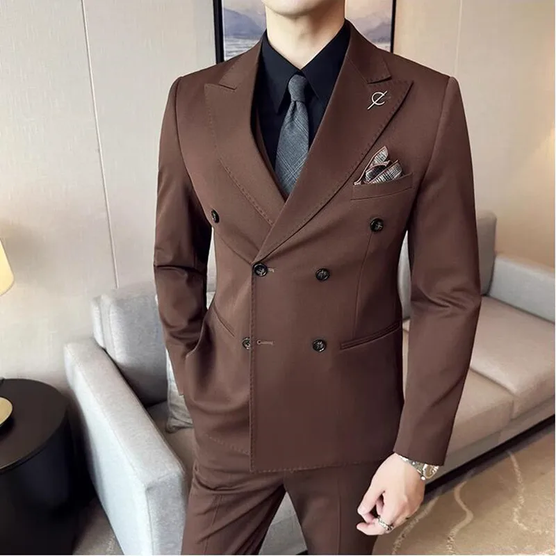 (Jaket + Celana) Setelan Pria 2 Potong Berkualitas Tinggi Double Breasted Lapel Solid Bisnis Pengantin Pria Pakaian Tuxedo Pernikahan Pakaian Pesta