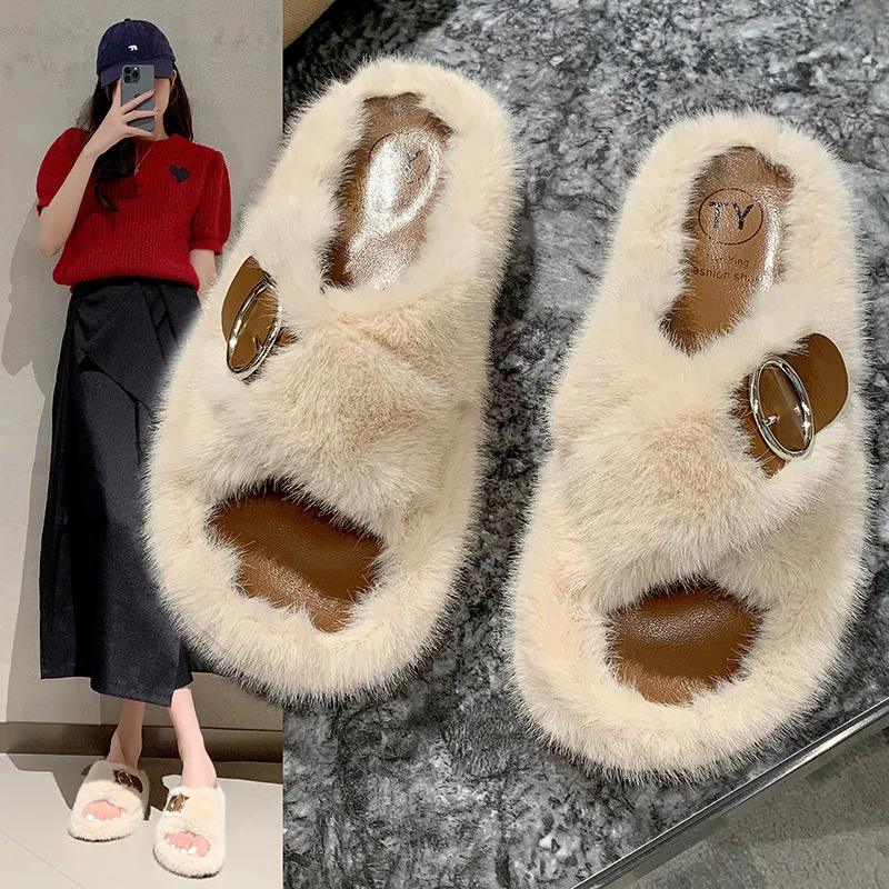 Warm Fluffy Slippers Women'S Plush Slippers Comfortable Belt Buckle  Faux Fur Cross Indoor Floor Slippers Flat Soft Fur Shoes