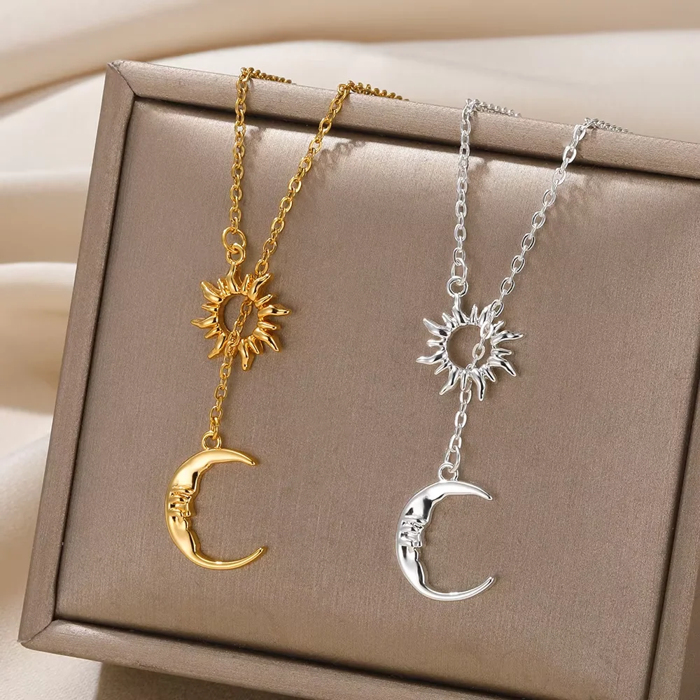 Edelstahl Halsketten Für Frauen Sonne Mond Anhänger Schlüsselbein Kette Exquisite Böhmische Mode Schmuck Geschenk Zubehör