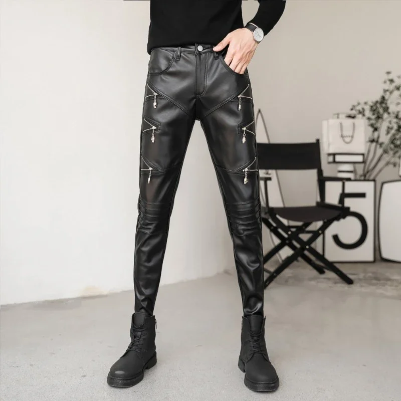 2025 New Arrived Skinny Biker Leather Pants Mens New Faux Leather Biker Trousers for Male Trouser Stage Club Wear