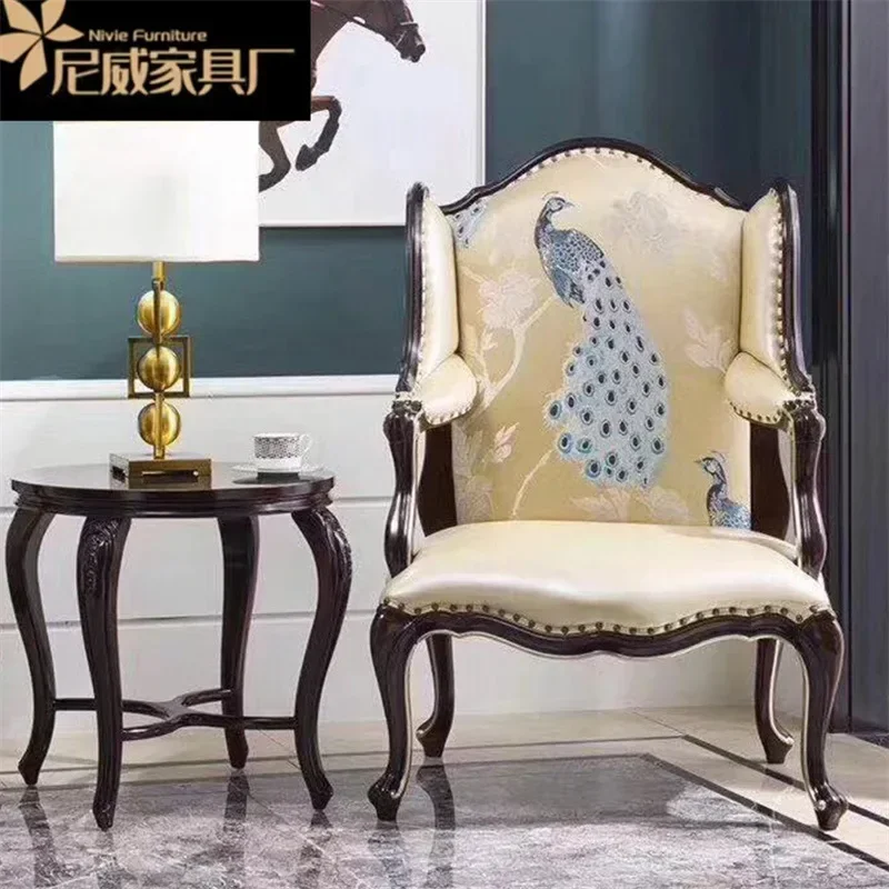 

Neoclassical study home, European solid wood fabric single sofa, hotel leisure chair tiger chair