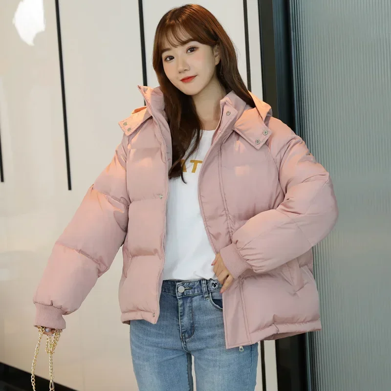 2024 Winter Women's Hooded Zipper Loose Down Jacket Women's Solid Color Short Thick Padded Jacket New