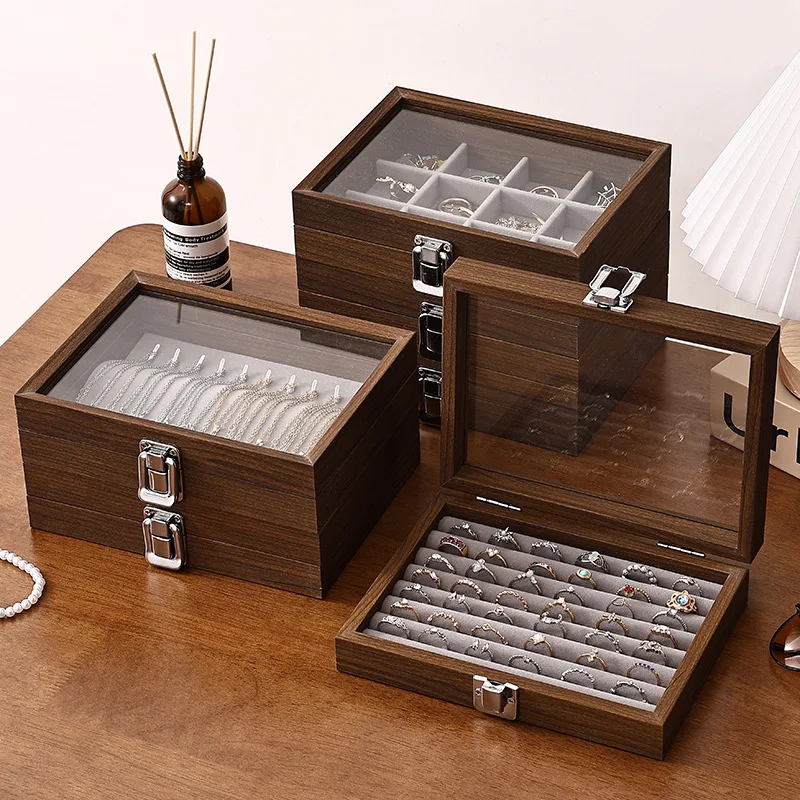 

Маленькая легкая роскошная шкатулка для драгоценностей из орехового дерева, серьги, кольцо, ожерелье, браслет, коробка для хранения, крышка, шкатулка для драгоценностей, дисплей ювелирных изделий