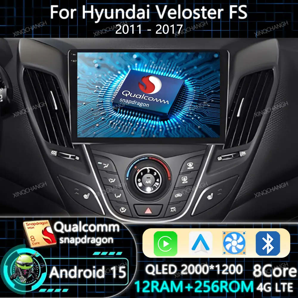 Автомобильное радио Android 15 для Hyundai Veloster FS 2011-2017 BT QLED Qualcomm Мультимедийный стерео видеоплеер 4G LTE 5G WIFI 2DIN GPS