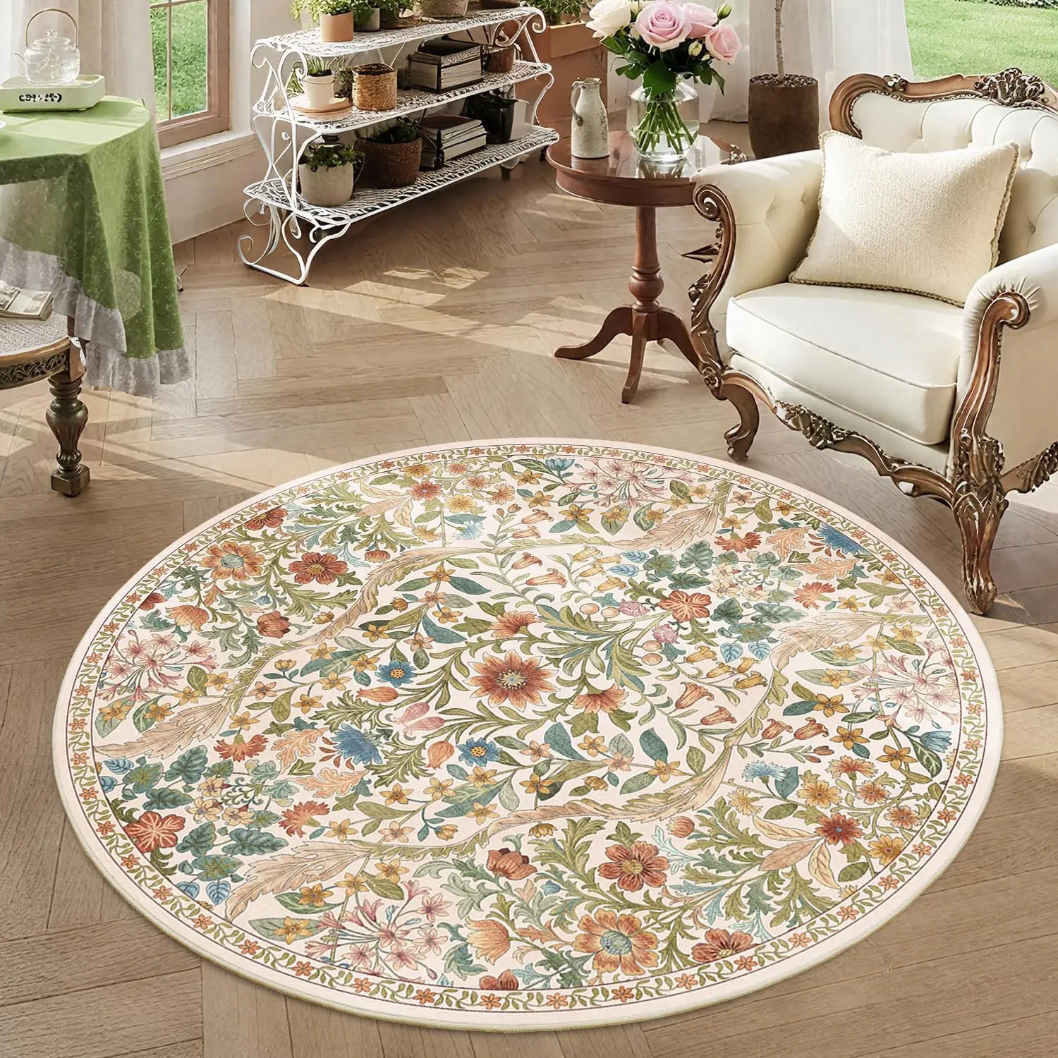 Boho Cottagecore Round Area Rug Antique Earthy Floral Circle Carpet Washable Non Slip Elegant Entryway Home Floor Decor