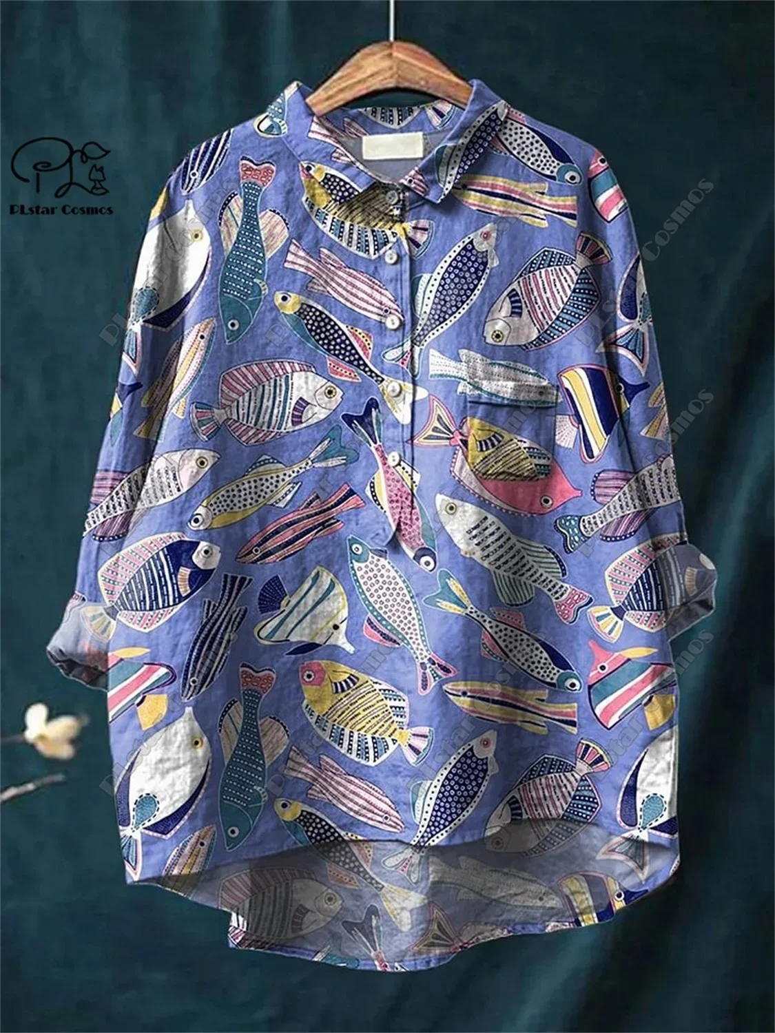 PLstar Cosmos new 3D printed carp whale sardine lobster women's fun casual loose open tube shirt K-3