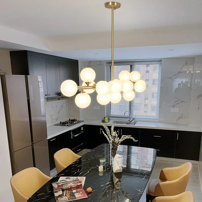 Nordic LED Glass Ball Chandelier Round Gold Black Home Decor Hanging Lamp Restaurant Kitchen Living Room Ball Lighting Fixtures