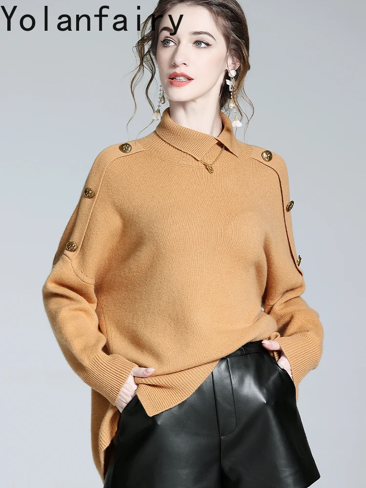 YOLANFAIRY 89% الصوف 11% سترة الكشمير المعنقة امرأة عالية الرقبة الخريف الشتاء الكورية موضة البلوفرات النسائية بلايز محبوك البلوزات
