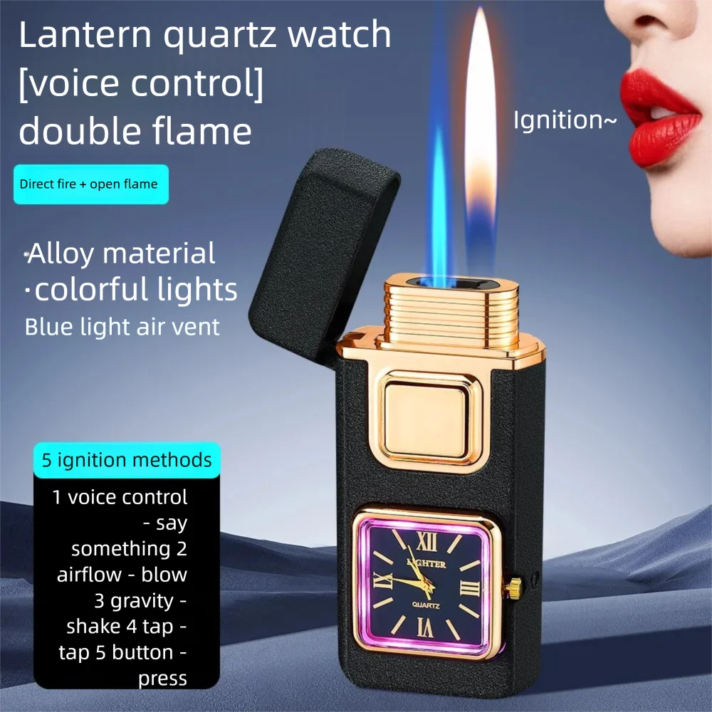 

Real quartz dial inflatable open flame direct conversion high-end black technology voice controlled dual flame lighter
