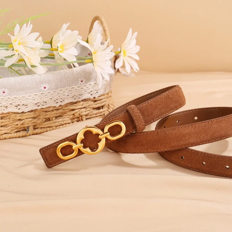 Ceinture en daim avec anneau à fleurs vintage pour femme, ceinture en cuir de vachette, ceinture de document solide, classique, décontracté, jeans, pantalon