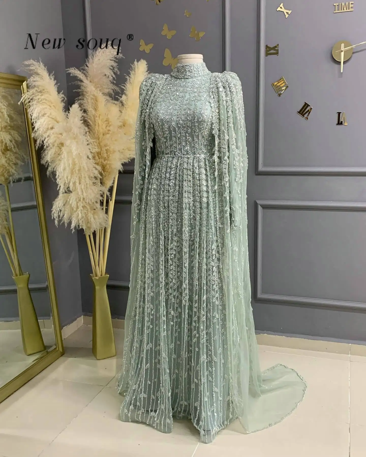 Vintage Sage Green High Neck Long Sleeves Evening Dresses Arabic Cape Muslim Kaftans Formal Gowns for Women's Party Customized