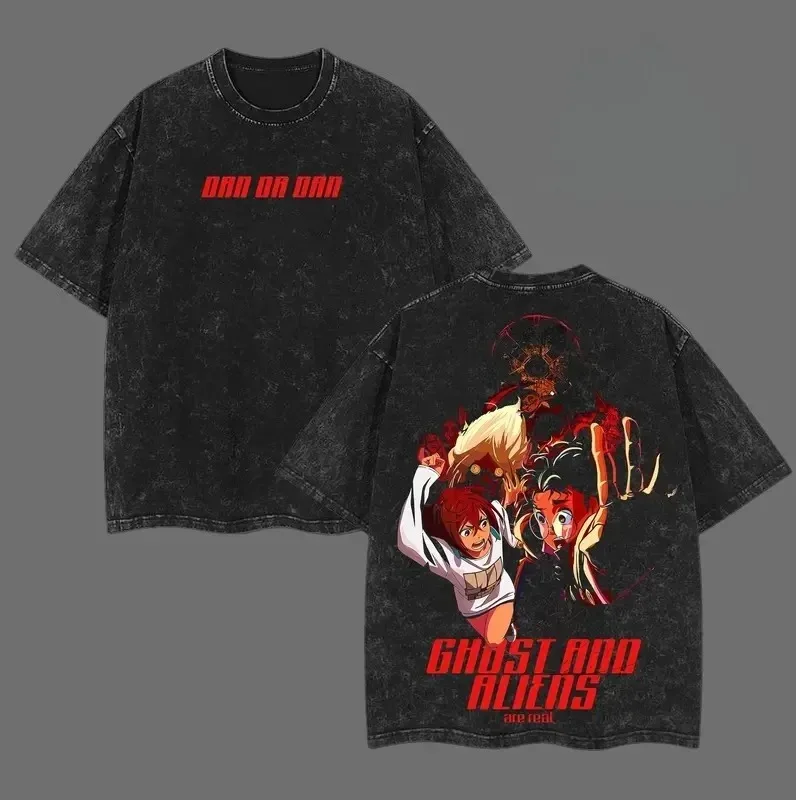 Japan Anime Dandadan Okarun Ken Takakura Graphic Print T-shirt Men Women Retro Washed O-neck Cotton Loose Casual Oversized Top