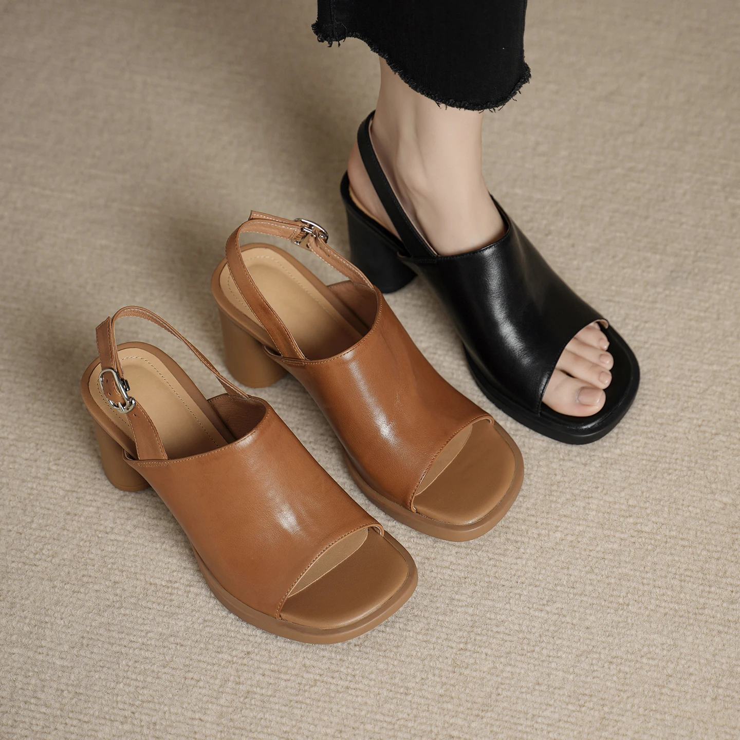 2026 new summer women sandals natural leather plus size 22-25cm cowhide+pigskin open-toe buckle high heel women shoes fashion