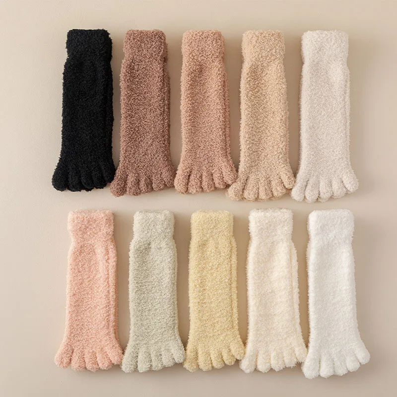 Chaussettes thermiques à tube moyen pour femmes, chaussettes d'hiver avec orteils doux et moelleux, 5 doigts, optique confortable, sourire chaud, chaussettes Parker pour dormir à la maison