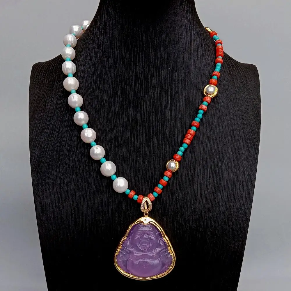 

Y.YING Белое жемчужное красное коралловое синее бирюзовое ожерелье Фиолетовый нефритовый кулон Будды