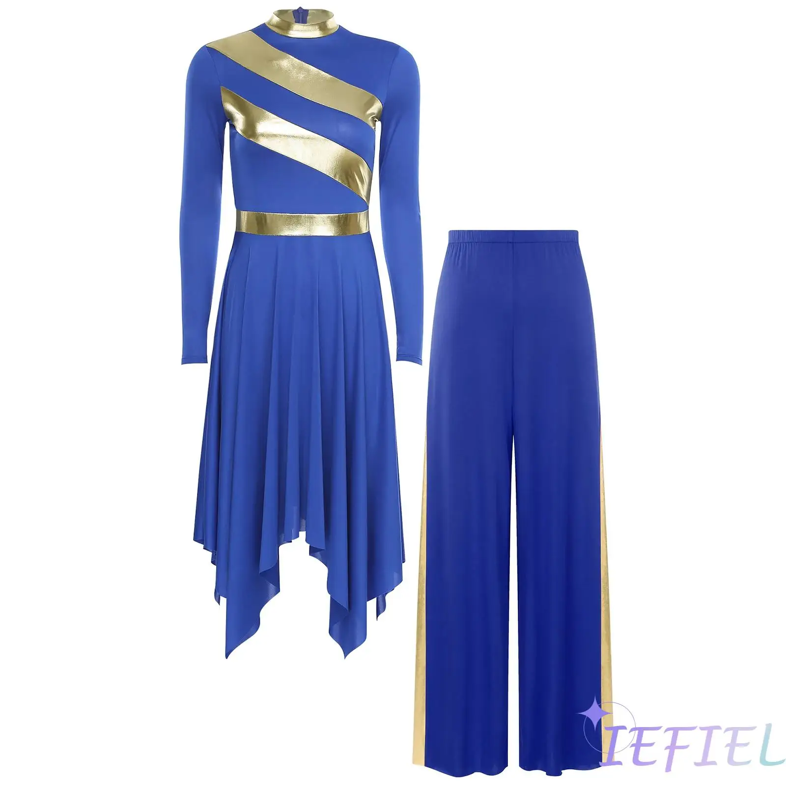 

Womens Liturgical Modern Dance Costume Metallic Patchwork Worship Praise Dance Wear Irregular Hem Lyrical Dress+Wide Leg Pants