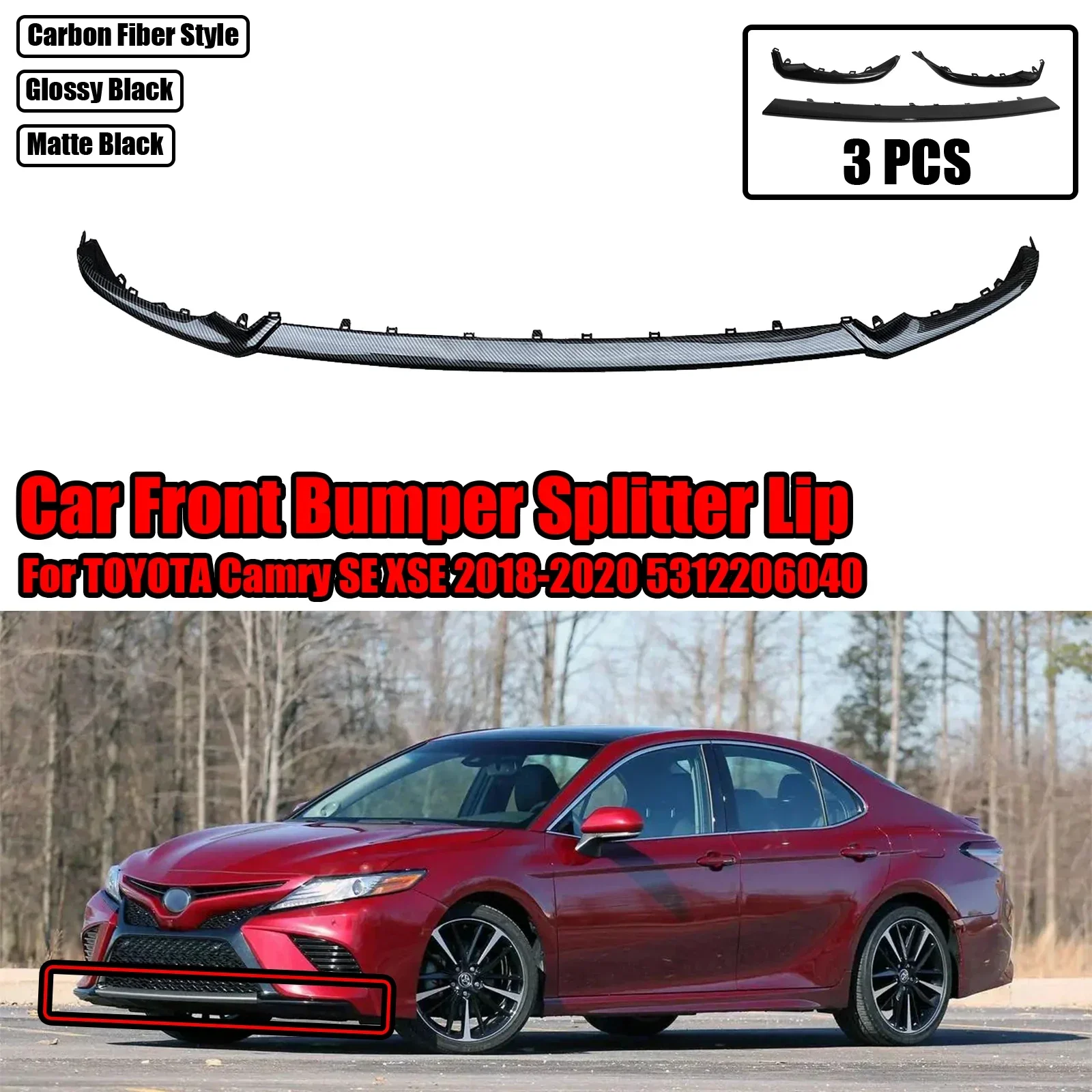 3pcs For TOYOTA Camry SE XSE 2018-2020 Car Front Bumper Splitter Lip Grille Lower Trim Molding Diffuser Cover 5312206040