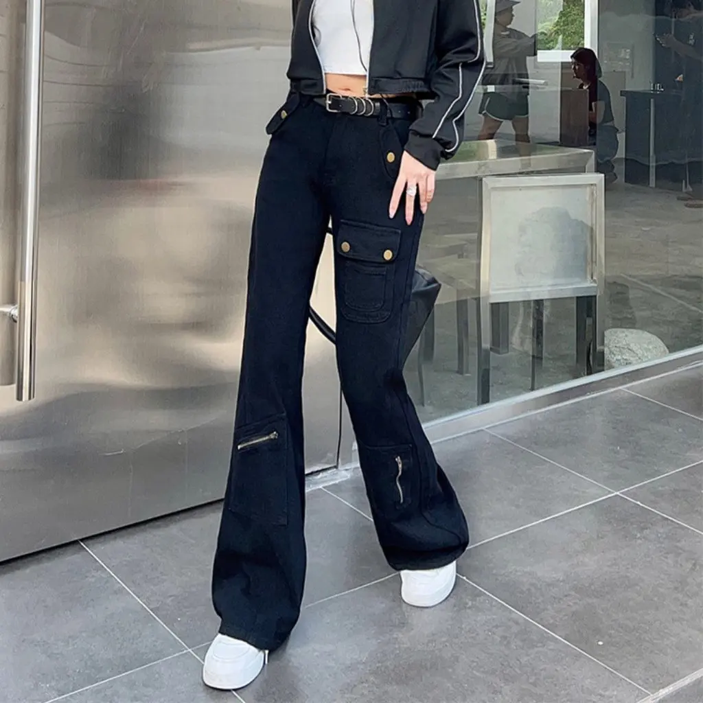 Damskie spodnie ogrodniczki z prostymi nogawkami, ciężki materiał, styl casual, dżinsy bootcut, luźny krój, dopasowane, modne spodnie uliczne, wiosna