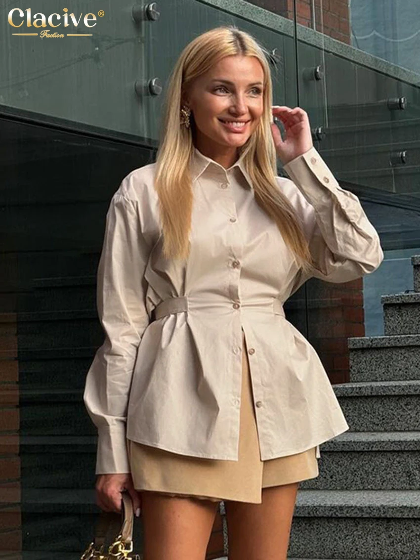 

Clacive Fashion Loose Khaki Women's Shirt 2025 Elegant Lapel Long Sleeve Shirts Casual Classic Solid Blusas Top Female Clothing