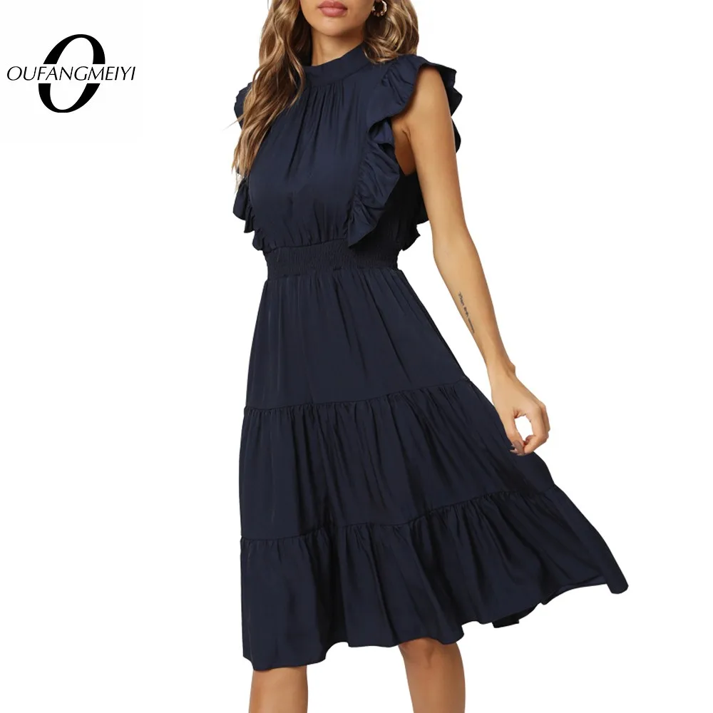 Summer Women Elegant Solid Color Tiered Dress Casual Party Swing Flare Dress EA329