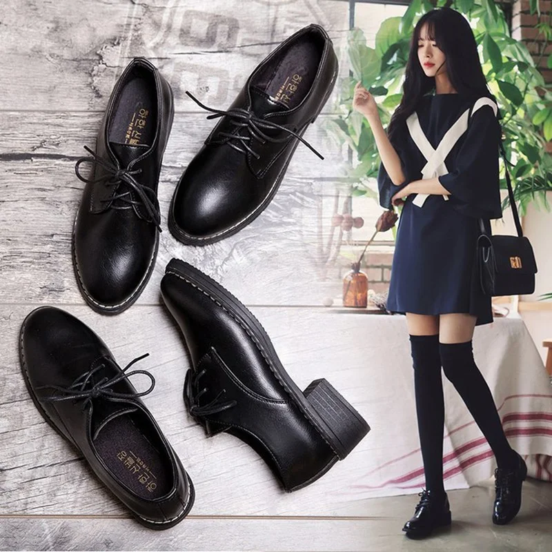 Women\'s Flat Shoes New English Oxford Shoes Casual Lace-up Crawler Zapatos Mujer All-match Middle Heel Retro Thick Heel Black