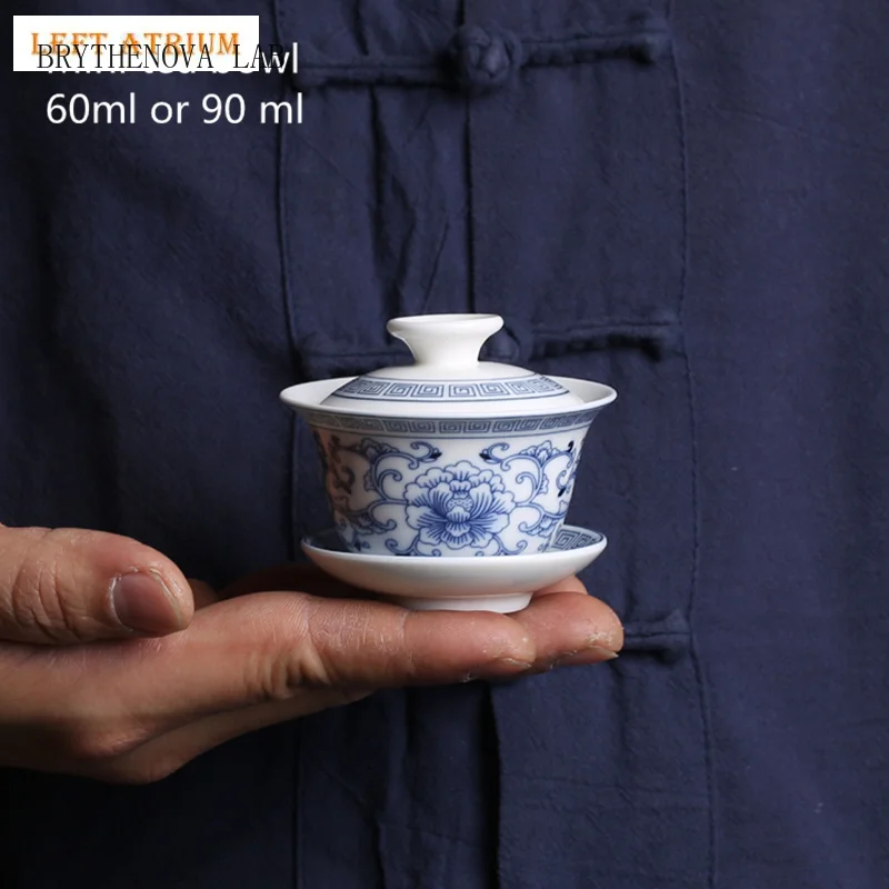 Mini Chinese Palace Style Tea Bowl Ceramic Teacup Blue and White Kung Travel Fu Tea Set Small Tureen Porcelain Cup Flower Gaiwan