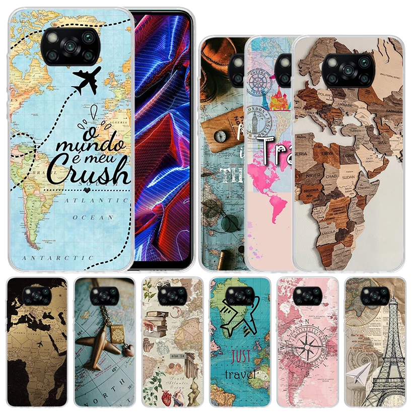 World Map Travel Plans Soft Cover for Xiaomi Poco X5 Pro X4 Gt X3 Nfc M5S Print Phone Case M4 M3 M2 F3 F2 F1 Mi Note 10 Lite Coq