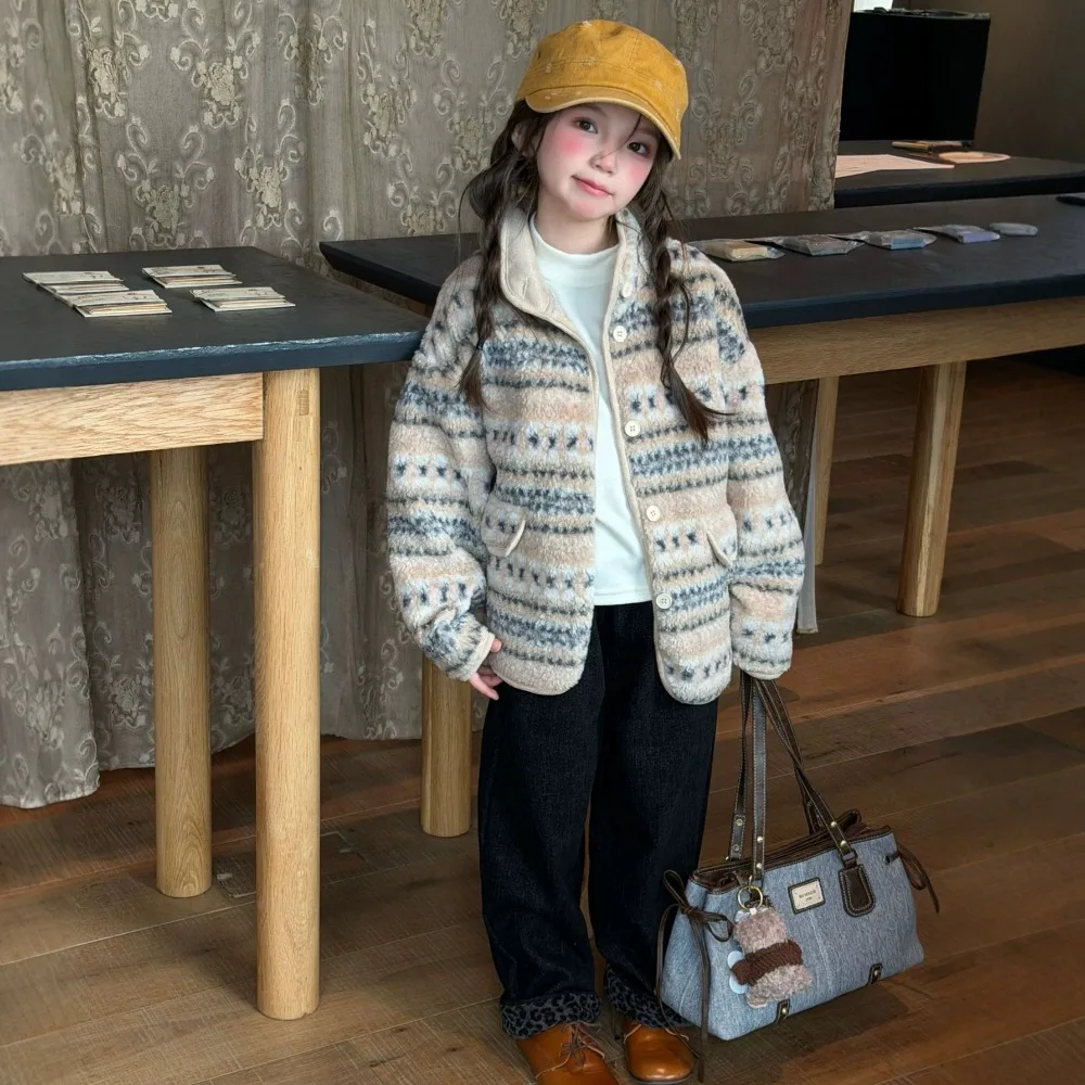 2026 New Girls Fair Isle Jacquard Sherpa Coat, Kids Stand Collar Retro Stripe Faux Fur Winter Outerwear  for 100-160cm